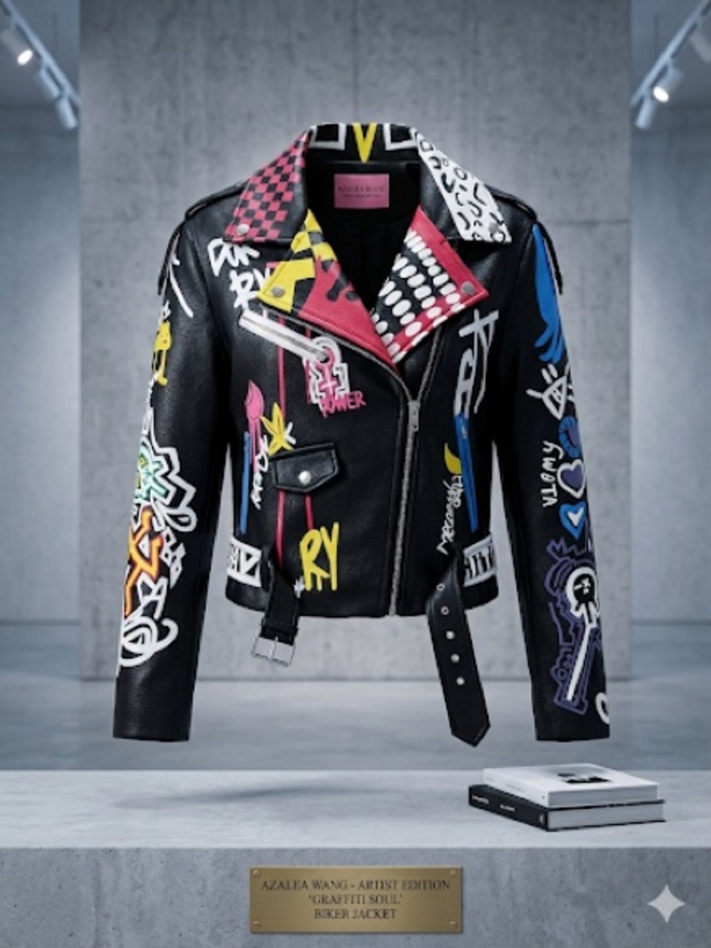 Artist Edition Graffiti Black Leather Biker Jacket - Azalea Wang